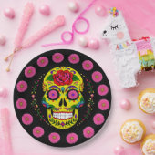 Dia de los Muertos Yellow Sugar Skull & Pink Daisy Papieren Bordje (Feest)