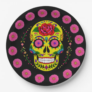 Dia de los Muertos Yellow Sugar Skull & Pink Daisy Papieren Bordje