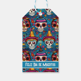 Dia de Muertos, blauw suiker schedels patroon Cadeaulabel