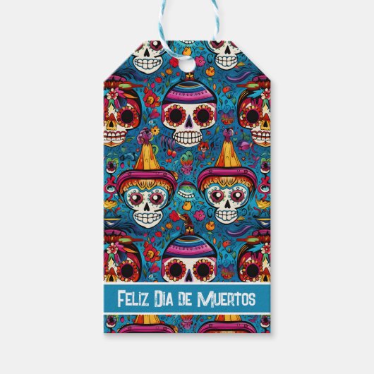 Dia de Muertos, blauw suiker schedels patroon Cadeaulabel (Voorkant)