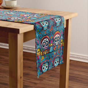 Dia de Muertos, blauw suiker schedels patroon Korte Tafelloper