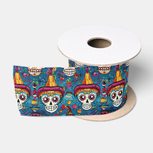 Dia de Muertos, blauw suiker schedels patroon Satijnen Lint
