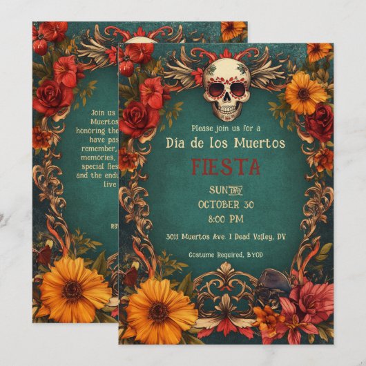 💀🎉 Día de Muertos-feestuitnodiging Kaart (Voorkant / Achterkant)