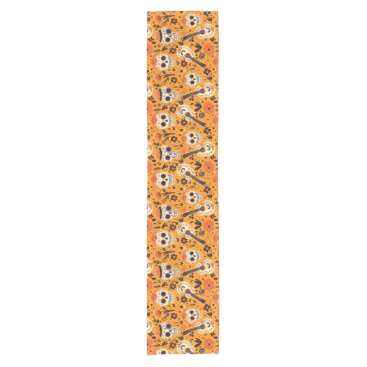 Dia de Muertos, gitaren en suikerschedels sinaasap Korte Tafelloper (Voorkant)