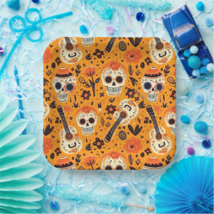 Dia de Muertos, gitaren en suikerschedels sinaasap Papieren Bordje