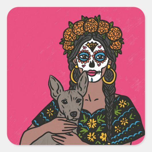 Dia de Muertos Marigold and Xolo Dog Stickers (Voorkant)
