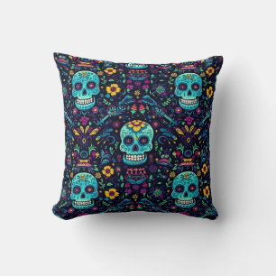 Día de Muertos Reverie: Turquoise suiker schedel S Kussen