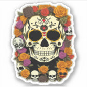 Día de Muertos Skull Flowered Design Sticker (Voorkant)