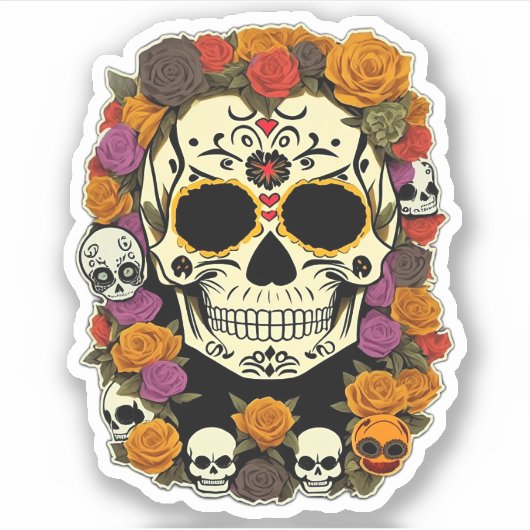 Día de Muertos Skull Flowered Design Sticker (Voorkant)