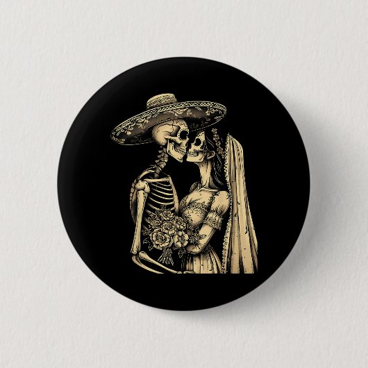 Dia De Muertos Sugar Skull Couple Skeleton Bride W Ronde Button 5,7 Cm (Voorkant)