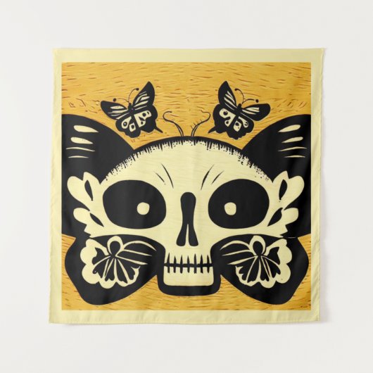 Día de Muertos Vlinders Houtsnede 1 Wandkleed (Voorkant)