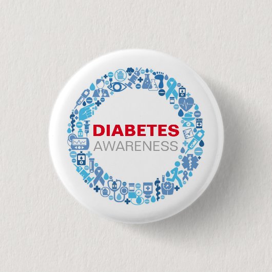 Diabetes Awarenss Blue Circle with Symbols Ronde Button 3,2 Cm (Voorkant)