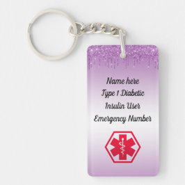 Diabetisch Paars Glitter Medical Alert Type 1 of 2 Sleutelhanger