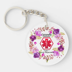 Diabetische Floral Medical Alert Type 1 Sleutelhanger