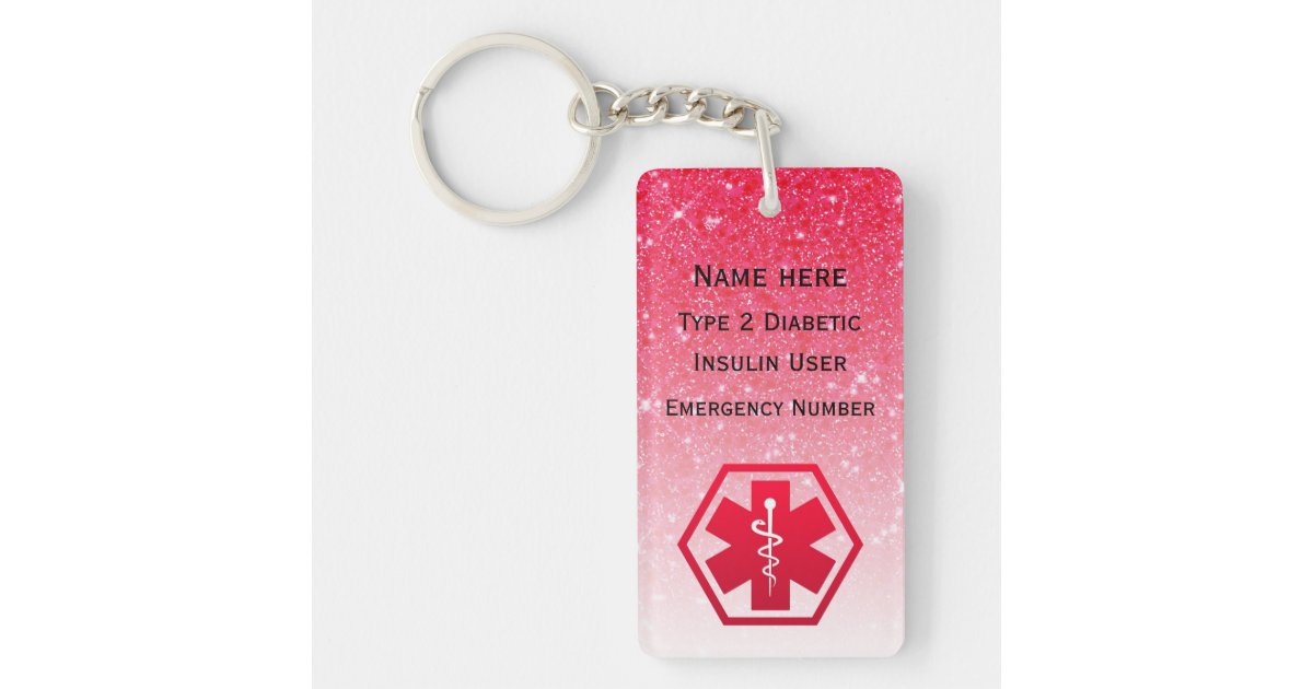 Diabetische roze medische waarschuwing type 1 of 2 sleutelhanger