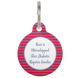 Diabetische tag Rode, Witte en Blauwe Stripes Huisdierpenning