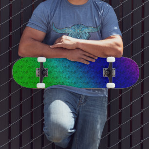 Diag Rainbow Gradient Floral Pattern Blue Green Skateboard