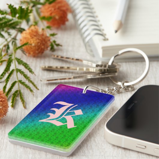 Diag Rainbow Gradient Floral Pattern Blue Green Sleutelhanger (Voorkant Rechts)