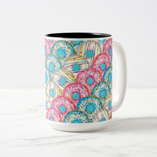 Diagonaal gestapelde waterverf donuts op blauwgroe tweekleurige koffiemok (Voorkant rechts)