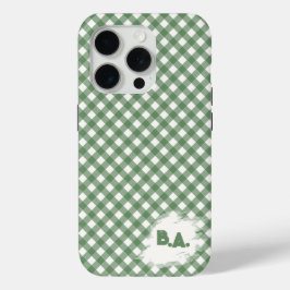 Diagonaal Gingham Patroon in Groen met Initialen iPhone 15 Pro Case
