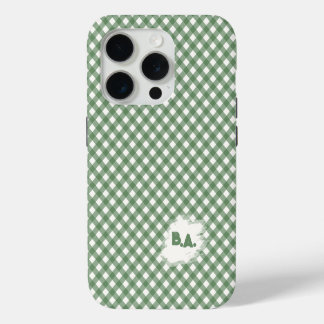 Diagonaal Gingham Patroon in Groen met Initialen iPhone 15 Pro Case
