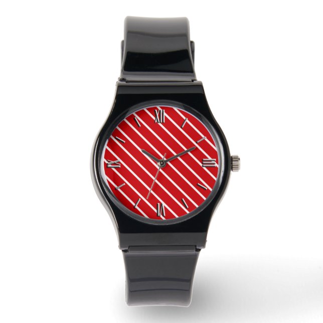 Diagonaal instripes - diep rood en wit horloge (Voorkant)
