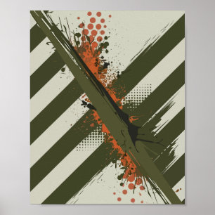Diagonaal Olijfgroene Strepen met Oranje Spatten Poster