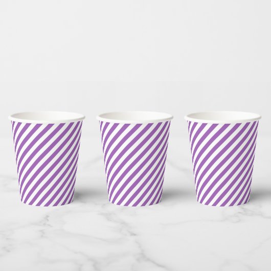 Diagonaal paars en witte strepenpatroon papieren bekers (Multi)