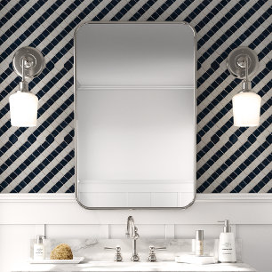 Diagonaal patroon van marine en witte mozaïek behang