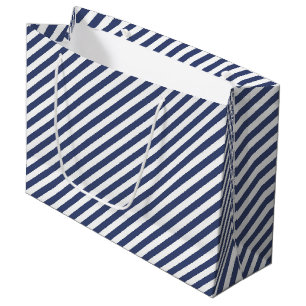 Diagonaal patroon van marineblauwe en witte strepe groot cadeauzakje