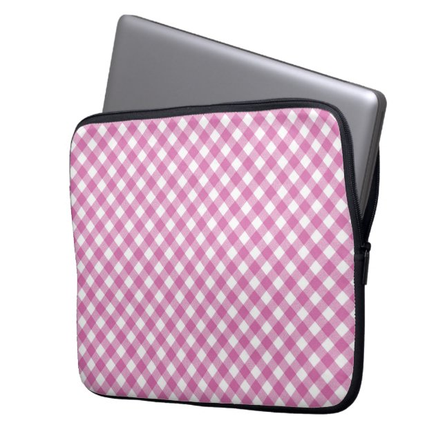 Diagonaal roze en wit geruit  laptop sleeve (Voorkant Links)