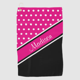 Diagonaal script naam Hot Pink Polka Dot Black Golfhanddoek