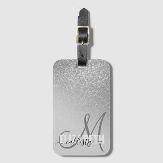 Diagonaal Silver Glitter Gradient Ombre Monogram Bagagelabel (Voorkant (verticaal))