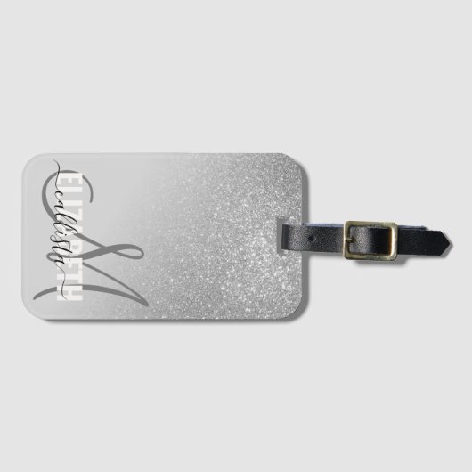 Diagonaal Silver Glitter Gradient Ombre Monogram Bagagelabel (Voorkant (horizontaal))