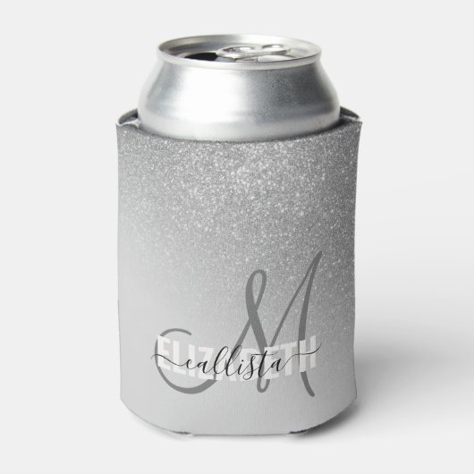 Diagonaal Silver Glitter Gradient Ombre Monogram Blikjeskoeler (Blikje Voorkant)