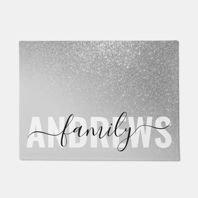 Diagonaal Silver Glitter Gradient Ombre Monogram Deurmat (Voorkant)