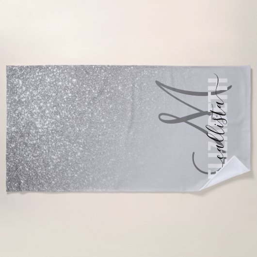 Diagonaal Silver Glitter Gradient Ombre Monogram Strandlaken (Voorkant)
