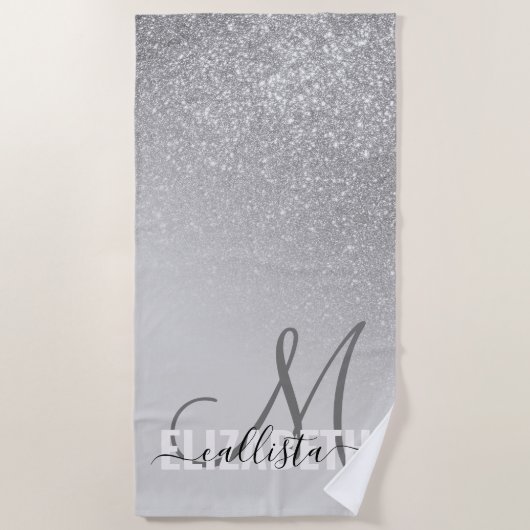 Diagonaal Silver Glitter Gradient Ombre Monogram Strandlaken (Voorkant)