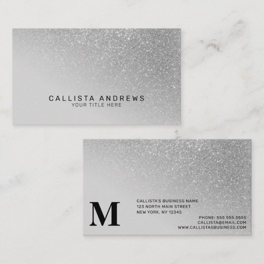 Diagonaal Silver Glitter Gradient Ombre Monogram Visitekaartje (Voorkant / Achterkant)