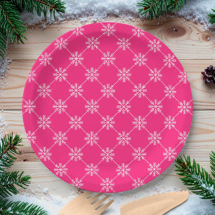 Diagonaal vierkant patroon roze sneeuwvlokken papieren bordje
