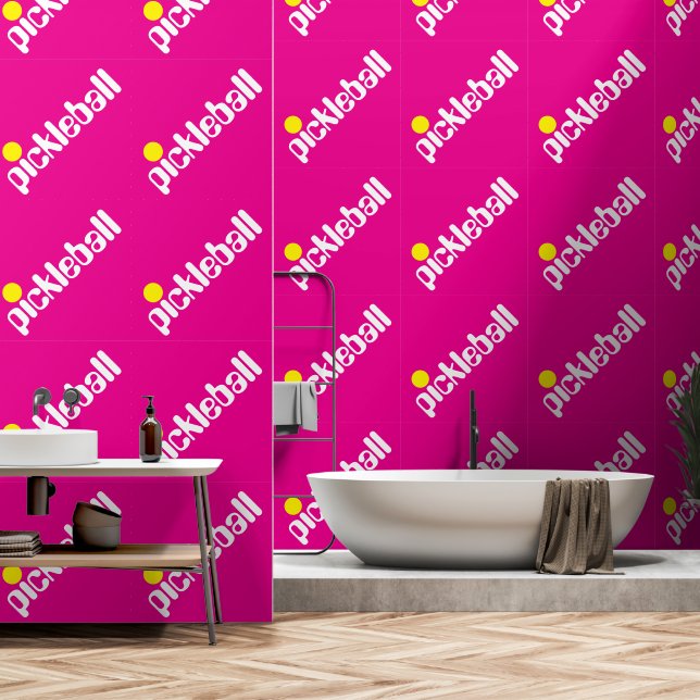 Diagonaal Witte Gele PICKLEBALL Tekst Op Heet Roze Behang (Badkamer)