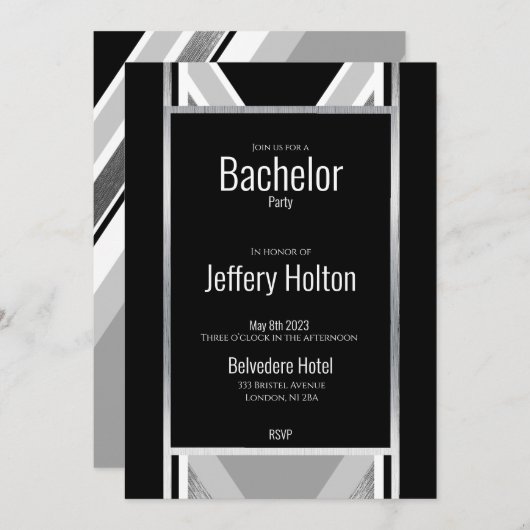 Diagonaal zwart, grijs, metallisch gestript sparen save the date (Voorkant / Achterkant)