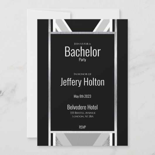 Diagonaal zwart, grijs, metallisch gestript sparen save the date (Voorkant)