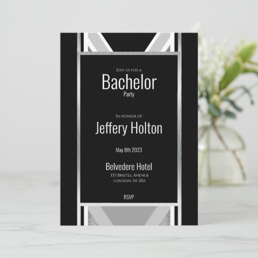 Diagonaal zwart, grijs, metallisch gestript sparen save the date (Staand voorkant)