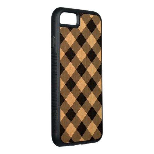 Diagonal Black Gingham Pattern on Cherry Wood Carved Wood iPhone Hoesje (Rechts)