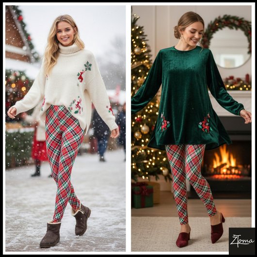 Diagonal Christmas Plaid Red Green Tartan Leggings