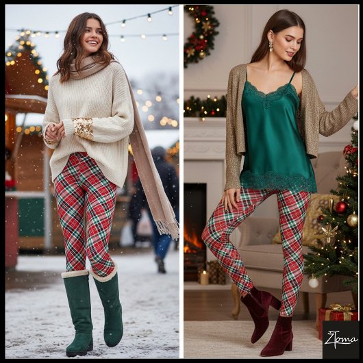 Diagonal Christmas Plaid Red Green Tartan Leggings