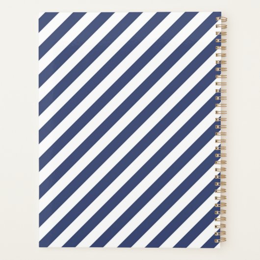Diagonal navy blue and white stripes pattern planner (Achterkant)
