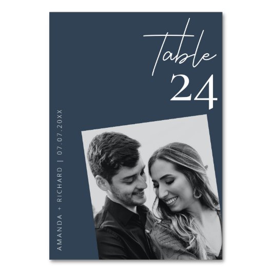 Diagonal Photo Magic: Modern Navy Table Number Kaart (Voorkant)