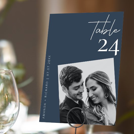 Diagonal Photo Magic: Modern Navy Table Number Kaart